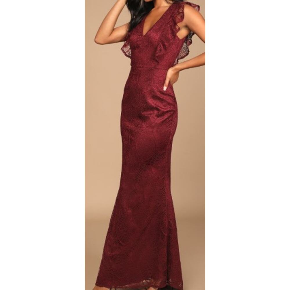 LULU'S M With Elegance and Grace Burgundy Lace Mermaid Maxi Dress NEW B108
